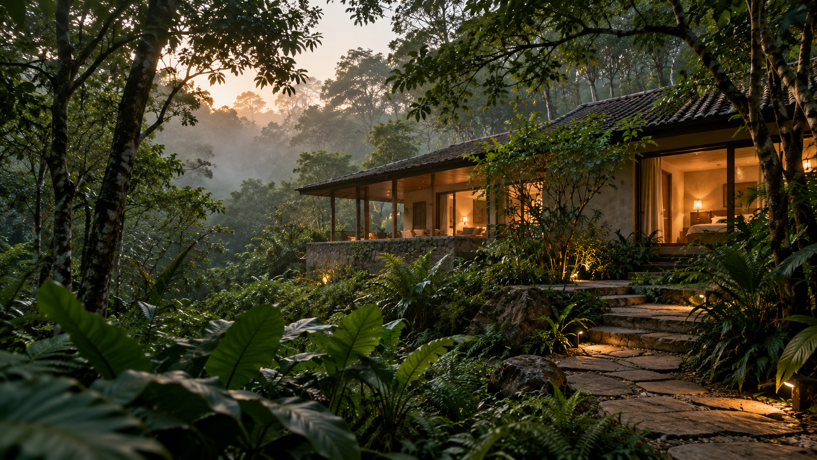 Development concept image of a tropical forest retreat; replace with owner-approved hotel photography